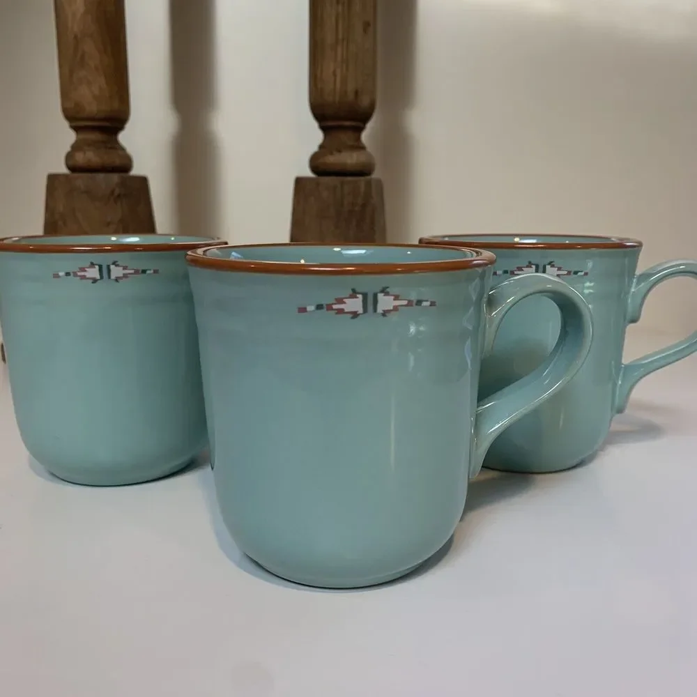 Vintage coffee mugs Southwestern Noritake Stoneware Boulder Ridge 3 Aqua Aztec - Picture 1 of 15
